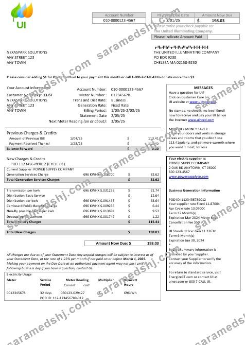 USA Massachusetts Chelsea UI The United Illuminating Company business utility bill Word and PDF template